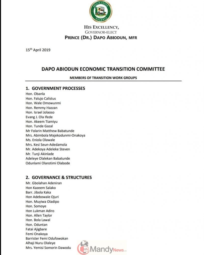 Prince Dapo Abiodun Economic Transition Committee: Members of Transition Work Groups. Signed: Prince Dapo Abiodun, MFR Governor-Elect, Ogun State.