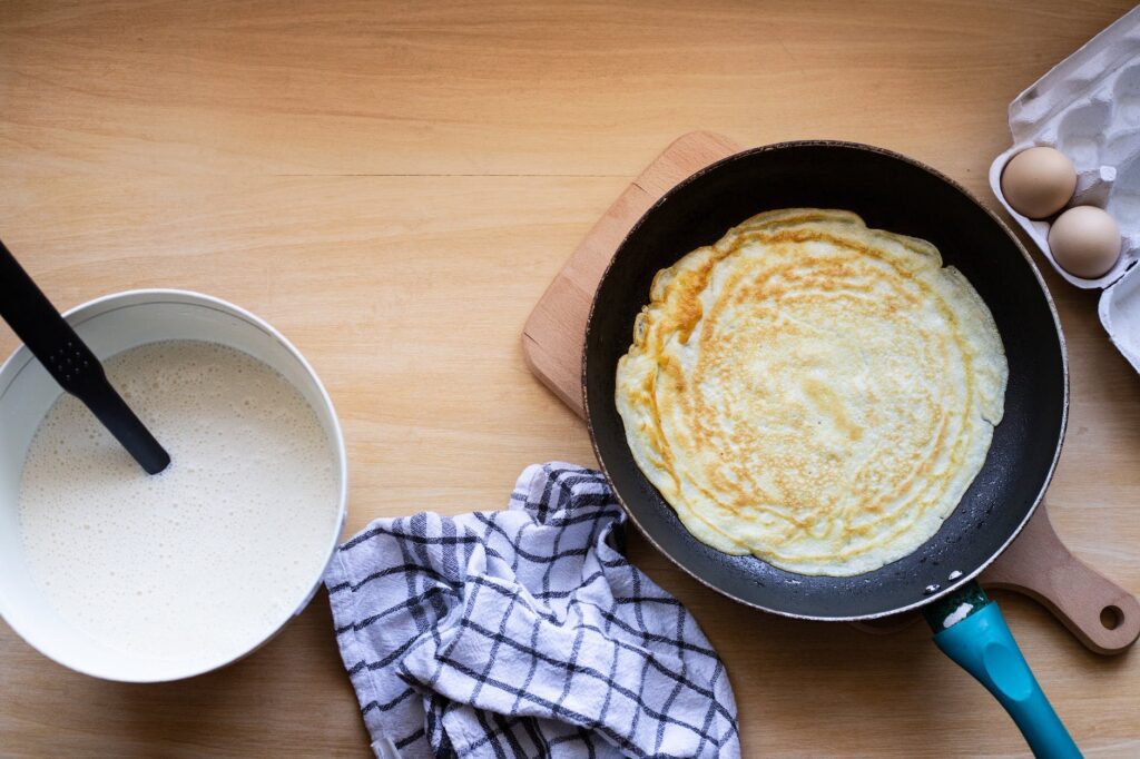 overhead shot of a pan with pancake