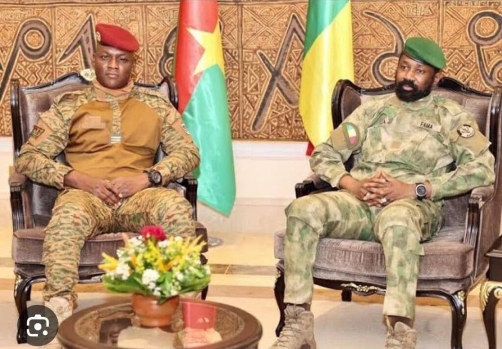 Mali, Burkina Faso, Guinea Split From ECOWAS, Rally Behind Niger Coup 2 Capt Ibrahim Traore, Burkina Faso head of state (Left), with his Malian counterpart, Assim Goita. Source: Mandy News