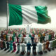 Nigerian flag flying high with a group of diverse people beneath it kneeling down and praying with closed eyes