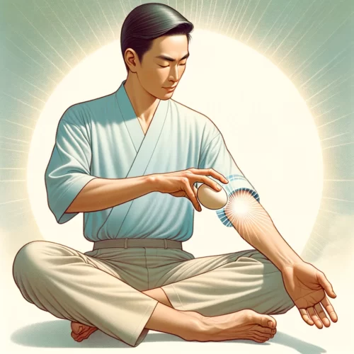  a man of Asian descent holding an egg in his hand, gently scanning it over his arms, legs, and torso.
